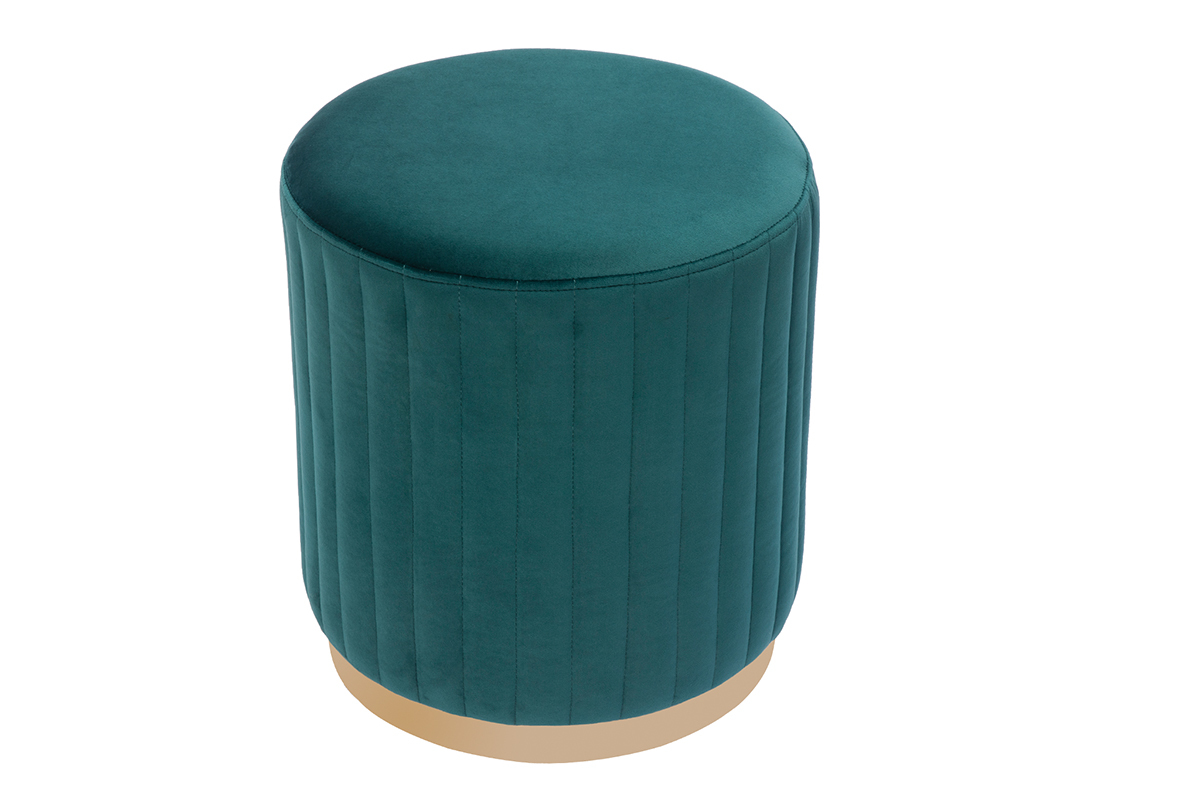 Pouf rond en tissu velours bleu canard et mtal dor D40 cm DONA