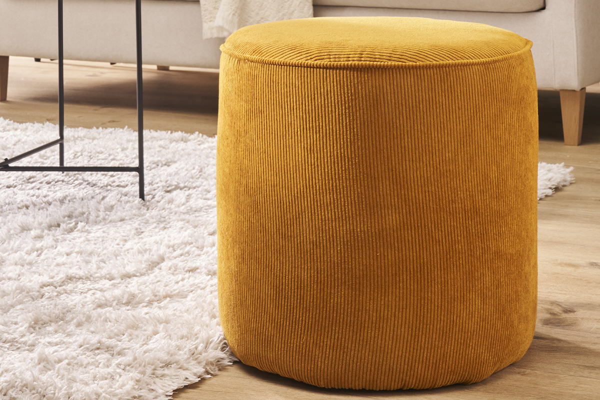 Pouf rond en tissu velours ctel jaune D40 cm LOUIS