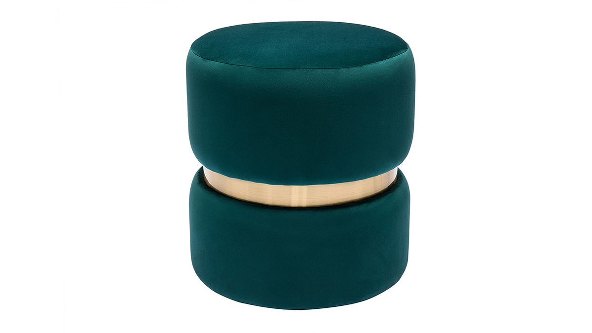 Pouf rond en velours bleu ptrole et mtal dor D40 cm JOY