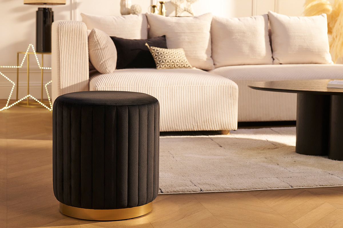 Pouf rond en velours noir et mtal dor D40 cm DONA