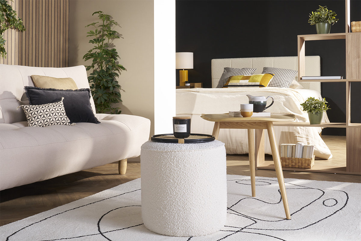 Pouf scandinave rond en tissu effet laine boucle blanc cass D40 cm MERIBEL