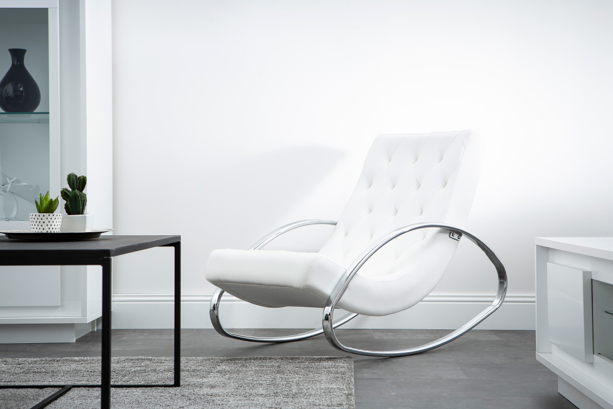 Rocking chair design blanc et acier chrom CHESTY