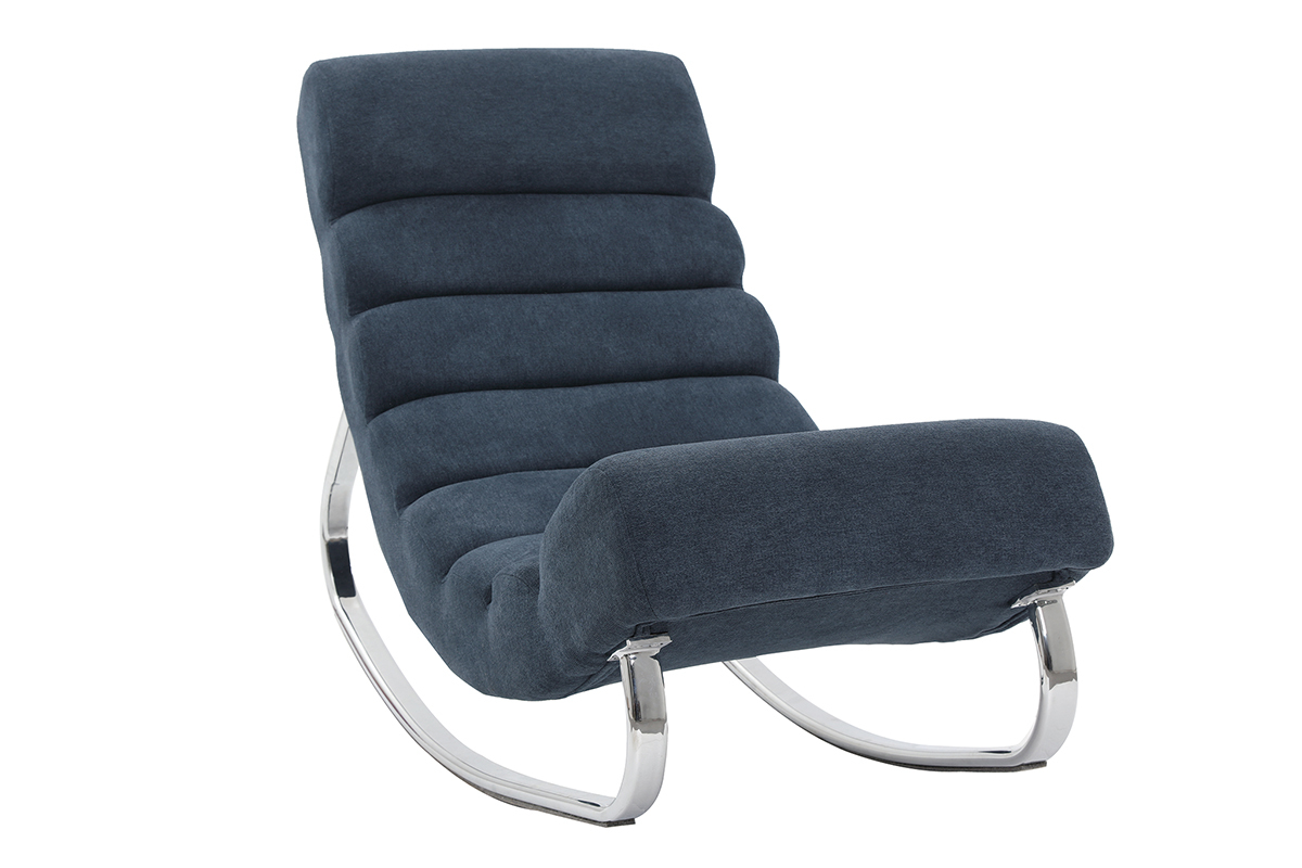 Rocking chair design en tissu effet velours bleu et acier chrom TAYLOR