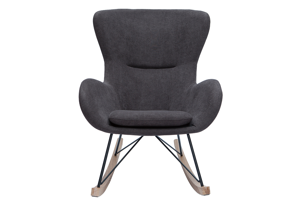 Rocking chair design en tissu effet velours gris fonc, mtal noir et bois clair ESKUA