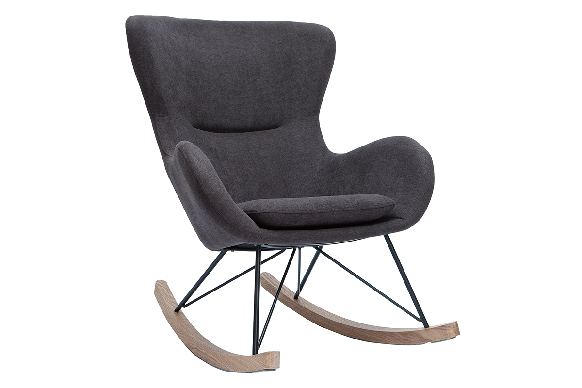 Rocking chair design en tissu effet velours gris fonc, mtal noir et bois clair ESKUA