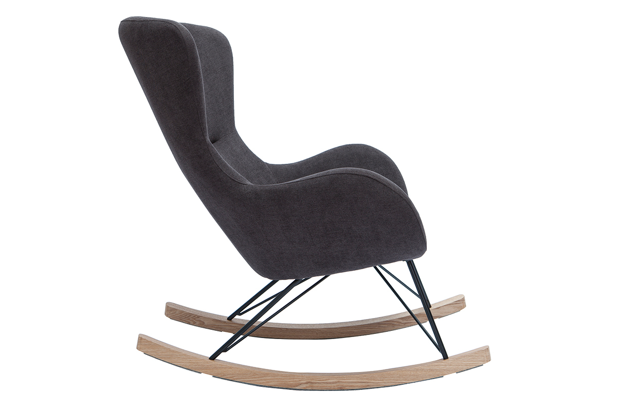 Rocking chair design en tissu effet velours gris fonc, mtal noir et bois clair ESKUA