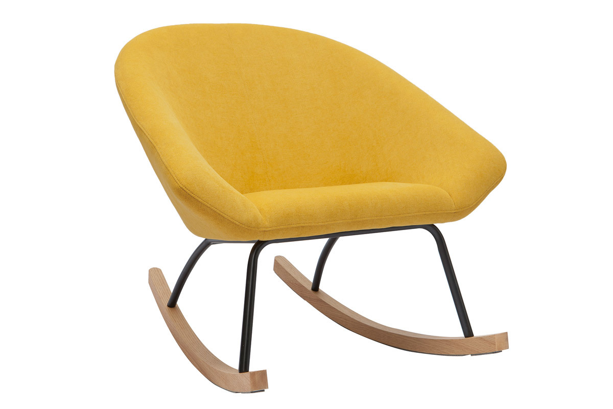 Rocking chair design en tissu effet velours jaune moutarde, mtal noir et bois clair KOK