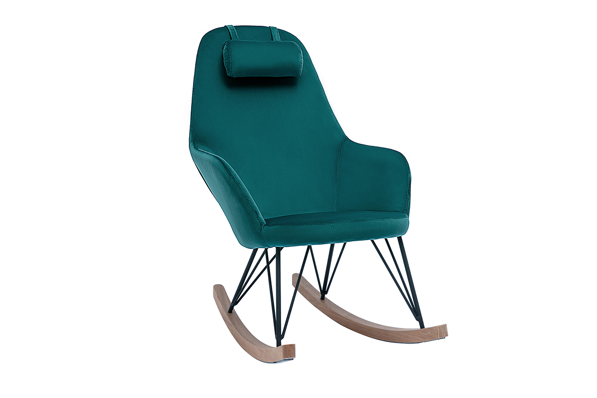 Rocking chair design en tissu velours bleu canard, mtal noir et bois clair JHENE