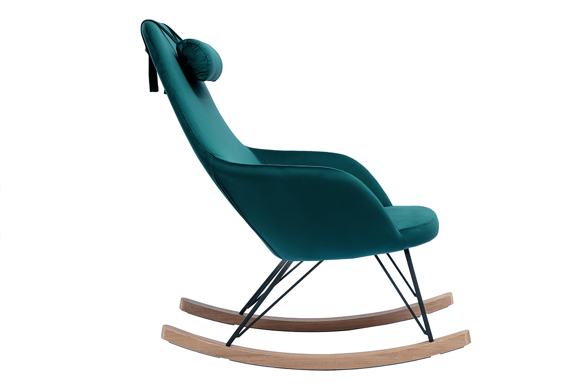 Rocking chair design en tissu velours bleu canard, mtal noir et bois clair JHENE