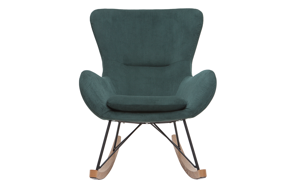 Rocking chair design en tissu velours ctel vert, mtal noir et bois clair ESKUA