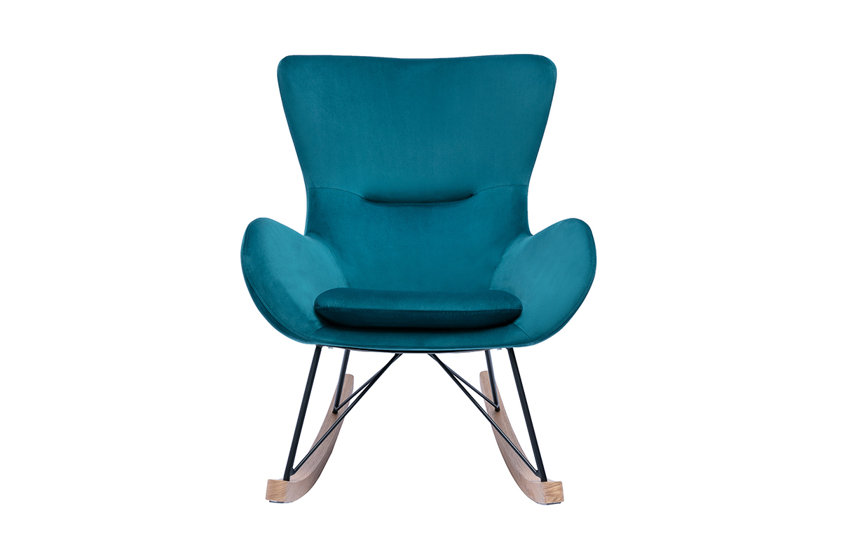 Rocking chair design en tissu velours gaufr bleu canard, mtal noir et bois clair ESKUA