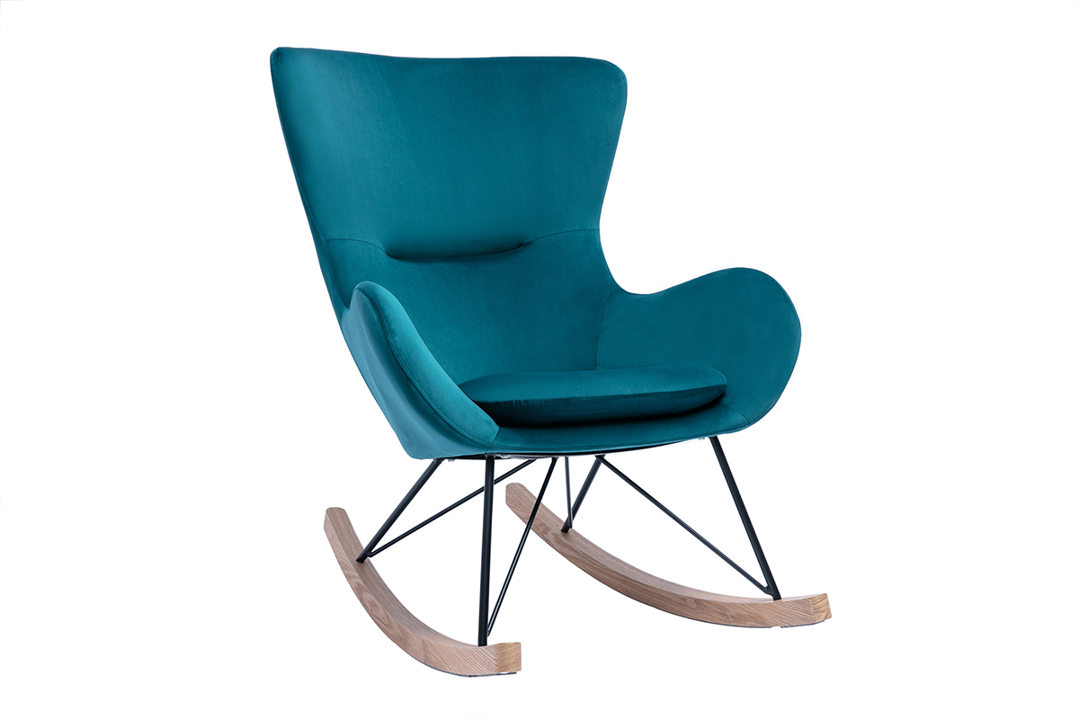 Rocking chair design en tissu velours gaufr bleu canard, mtal noir et bois clair ESKUA