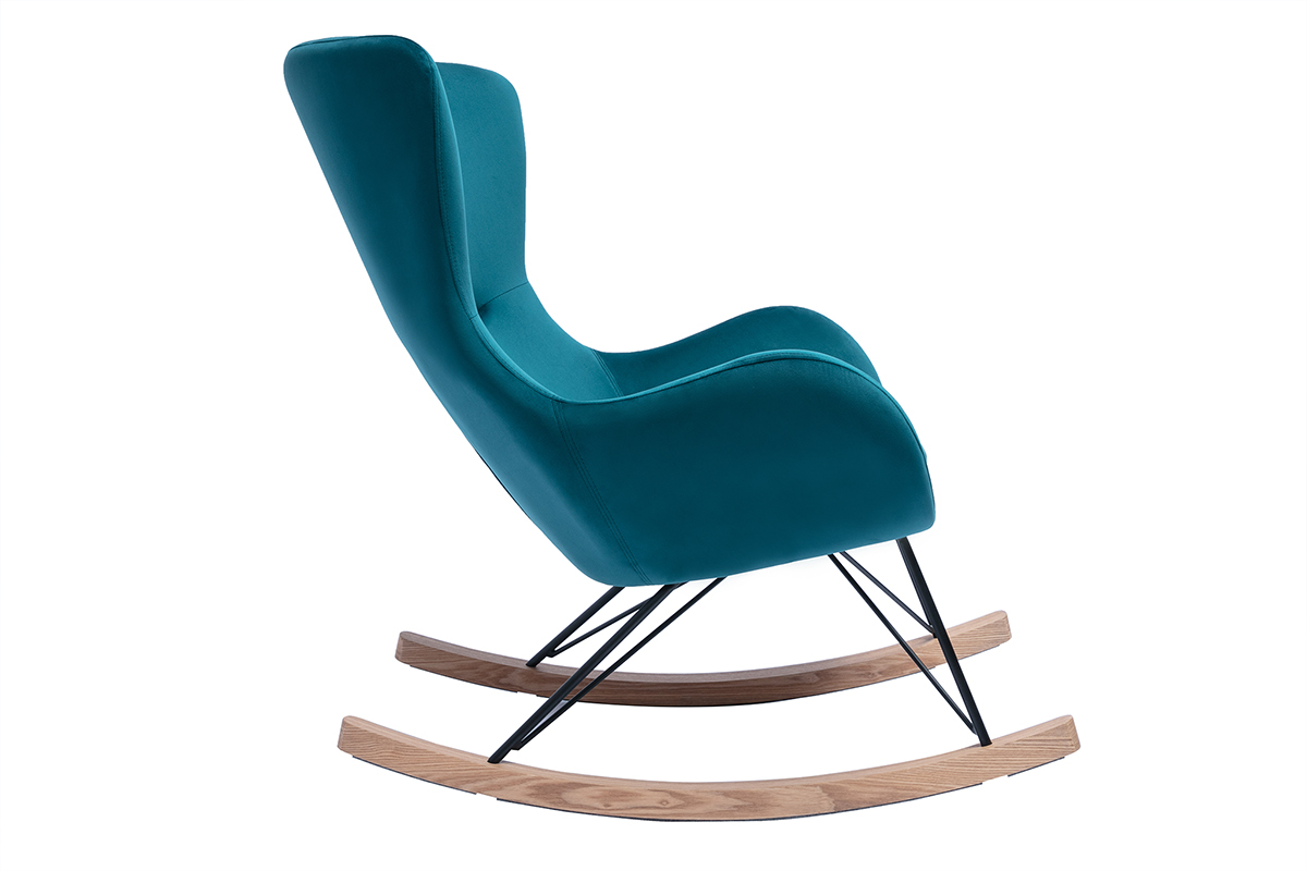 Rocking chair design en tissu velours gaufr bleu canard, mtal noir et bois clair ESKUA