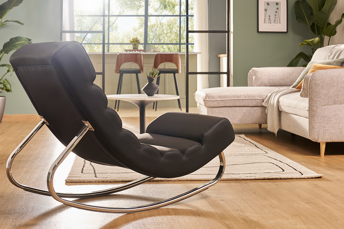 Rocking chair design noir et acier chrom TAYLOR