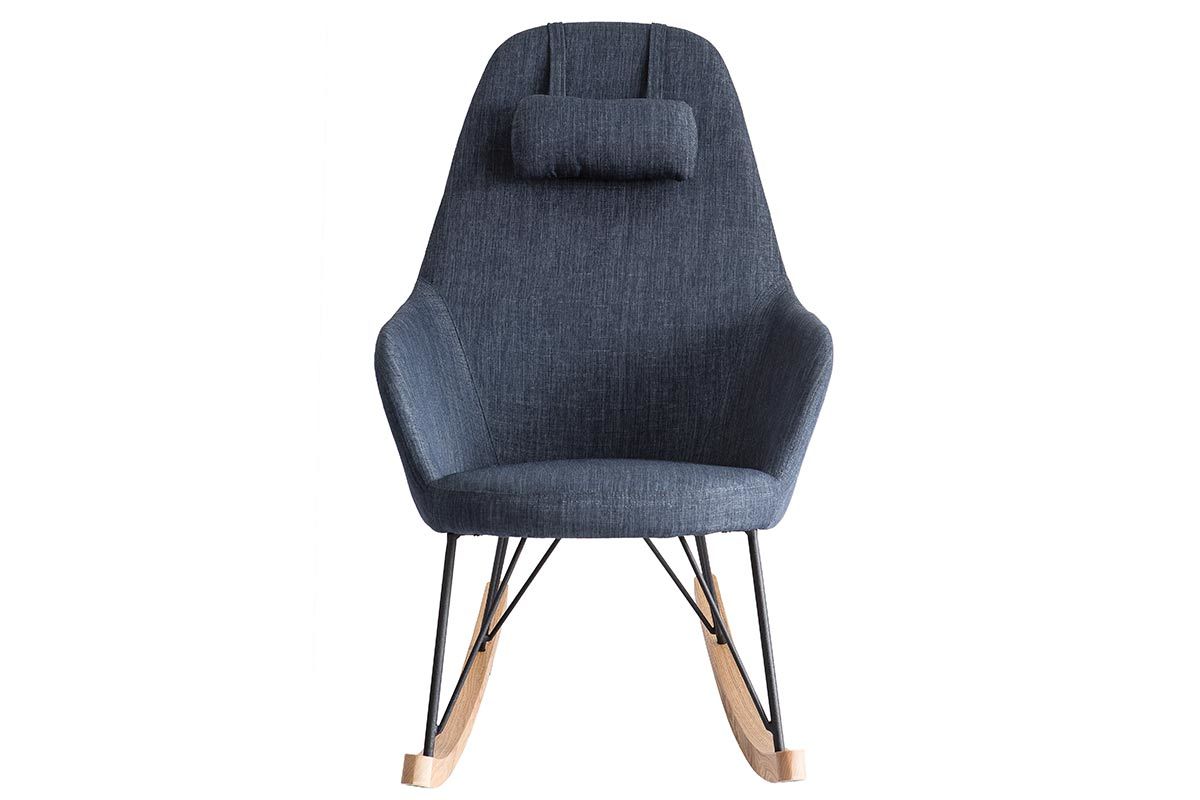 Rocking chair en tissu bleu jean avec pieds mtal et frne JHENE