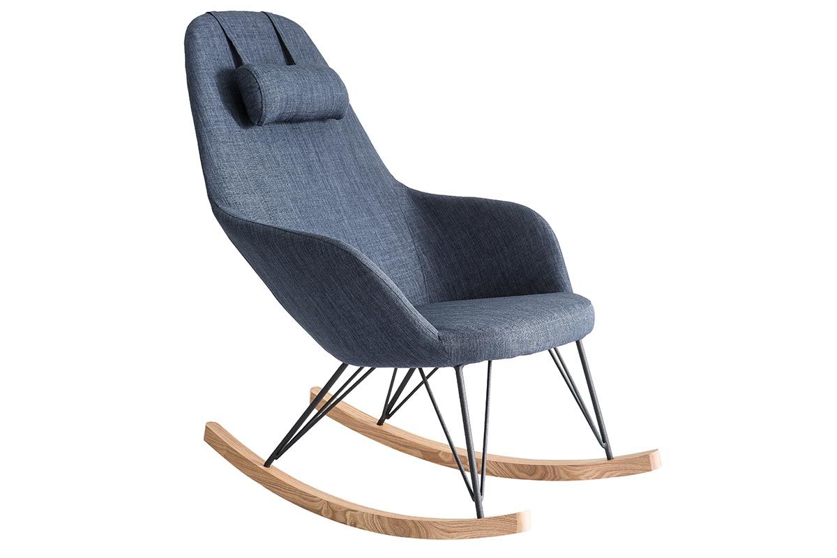 Rocking chair en tissu bleu jean avec pieds mtal et frne JHENE