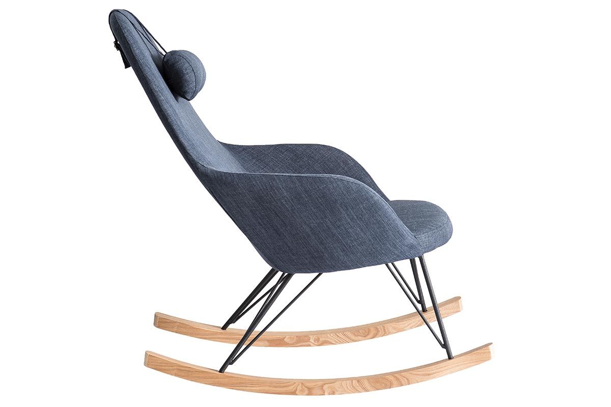 Rocking chair en tissu bleu jean avec pieds mtal et frne JHENE