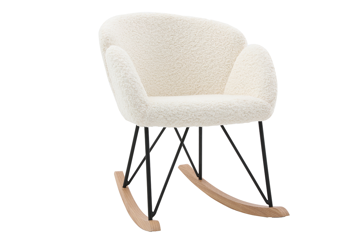 Rocking chair en tissu effet peau de mouton blanc, mtal noir et bois clair RHAPSODY