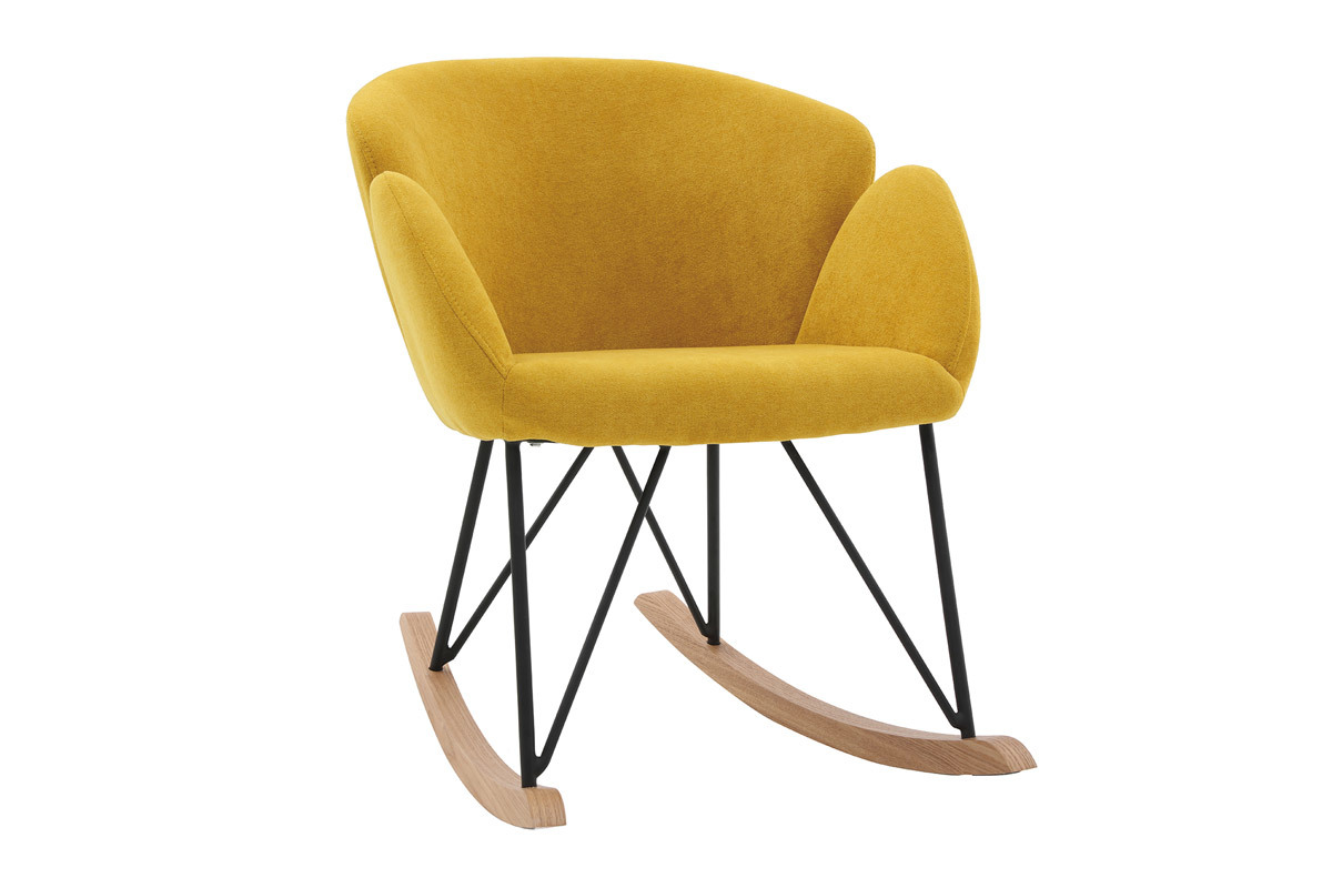 Rocking chair en tissu effet velours jaune moutarde, mtal noir et bois clair RHAPSODY