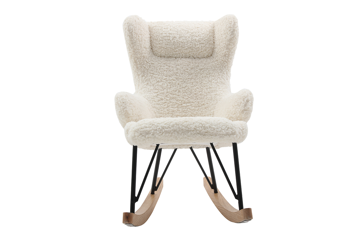 Rocking chair enfant en tissu effet peau de mouton blanc, mtal noir et bois clair SHAUN