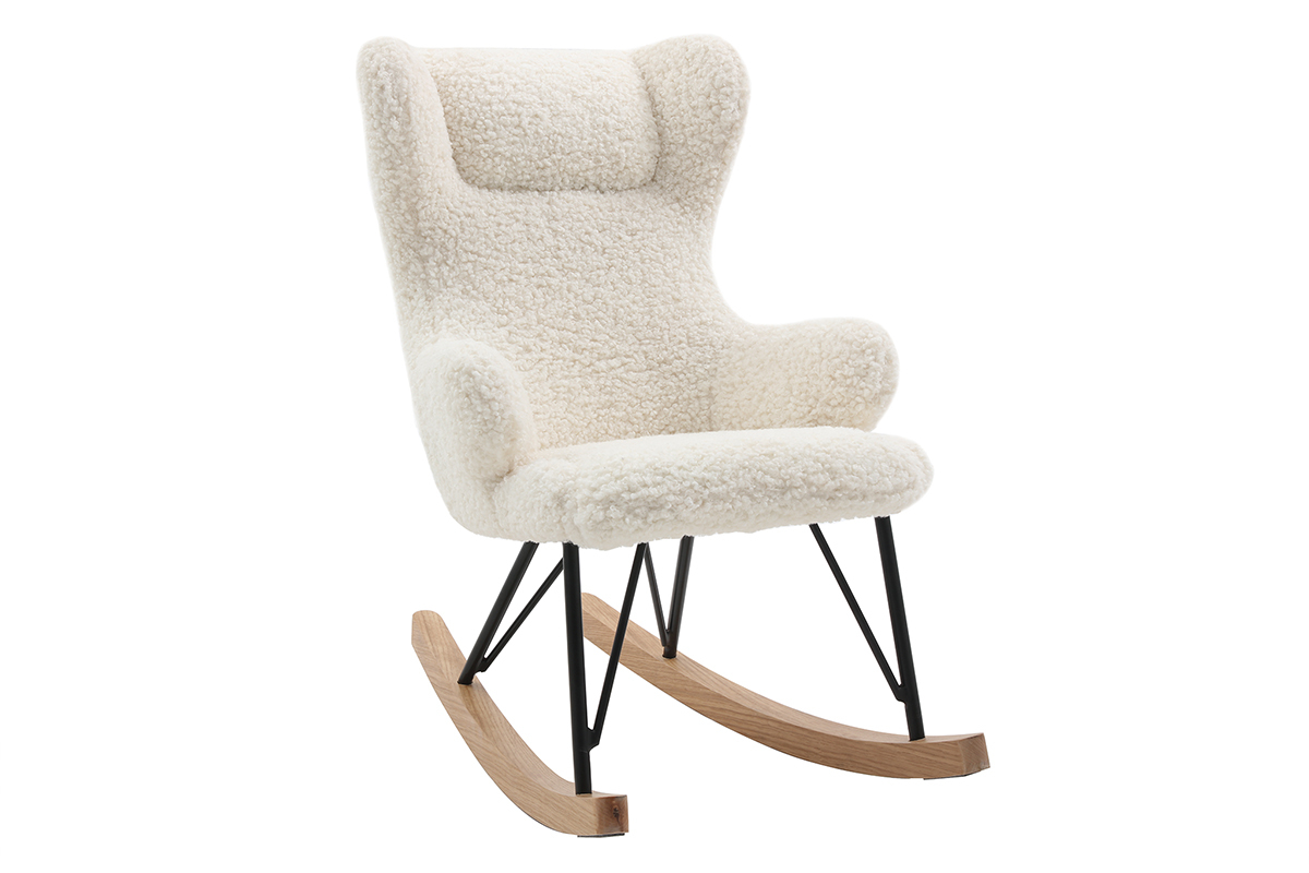 Rocking chair enfant en tissu effet peau de mouton blanc, mtal noir et bois clair SHAUN