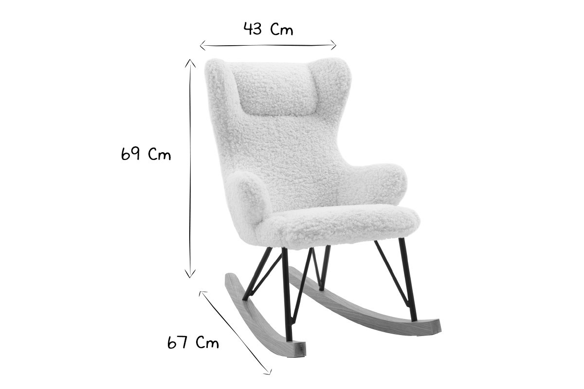 Rocking chair enfant en tissu effet peau de mouton blanc, mtal noir et bois clair SHAUN