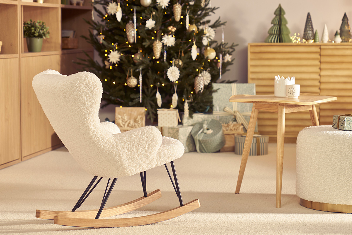 Rocking chair enfant en tissu effet peau de mouton blanc, mtal noir et bois clair SHAUN