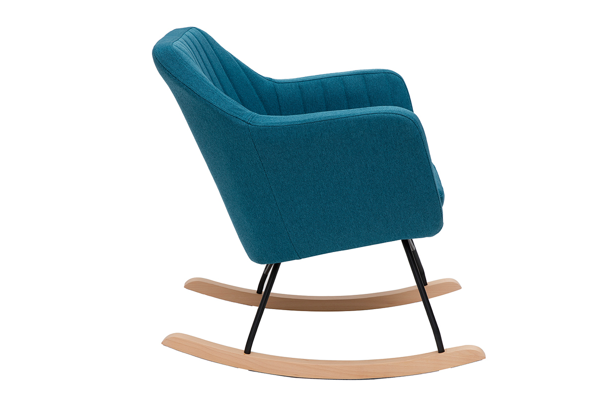 Rocking chair scandinave en tissu bleu canard, mtal noir et bois clair ALEYNA