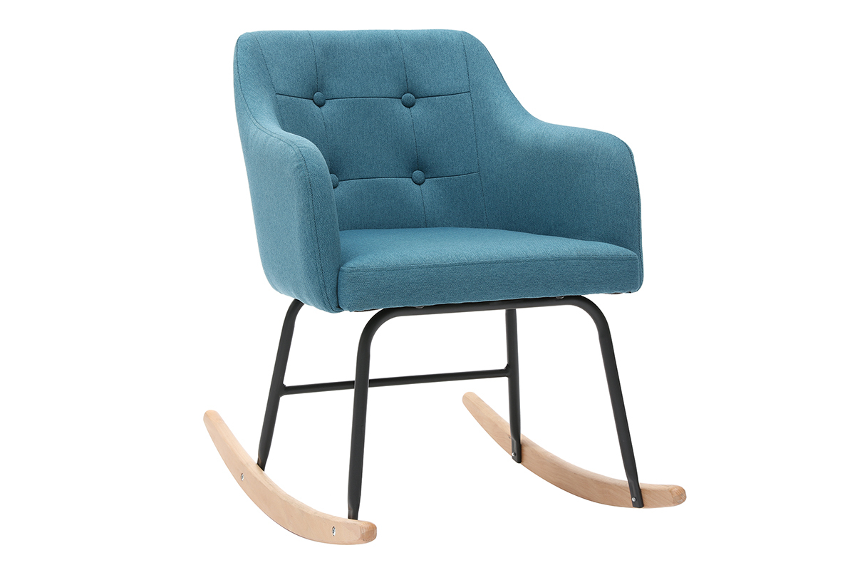 Rocking chair scandinave en tissu bleu canard, mtal noir et bois clair BALTIK