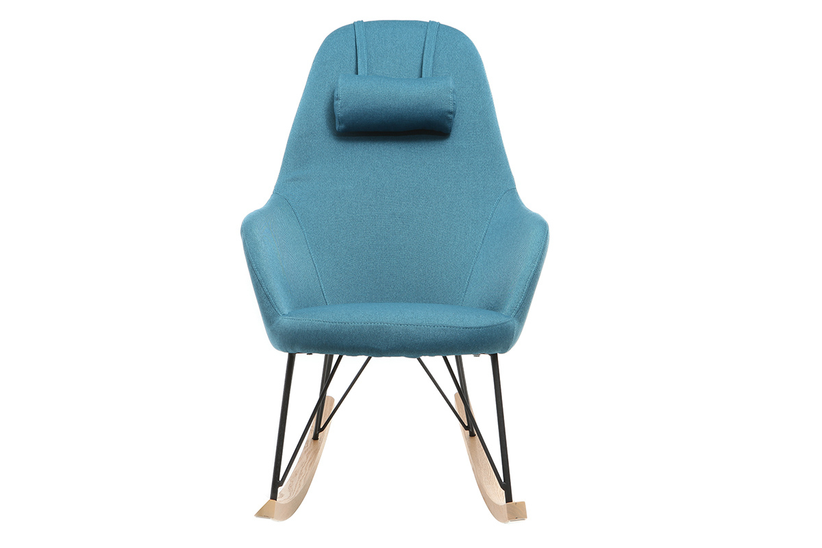 Rocking chair scandinave en tissu bleu canard, mtal noir et bois clair JHENE