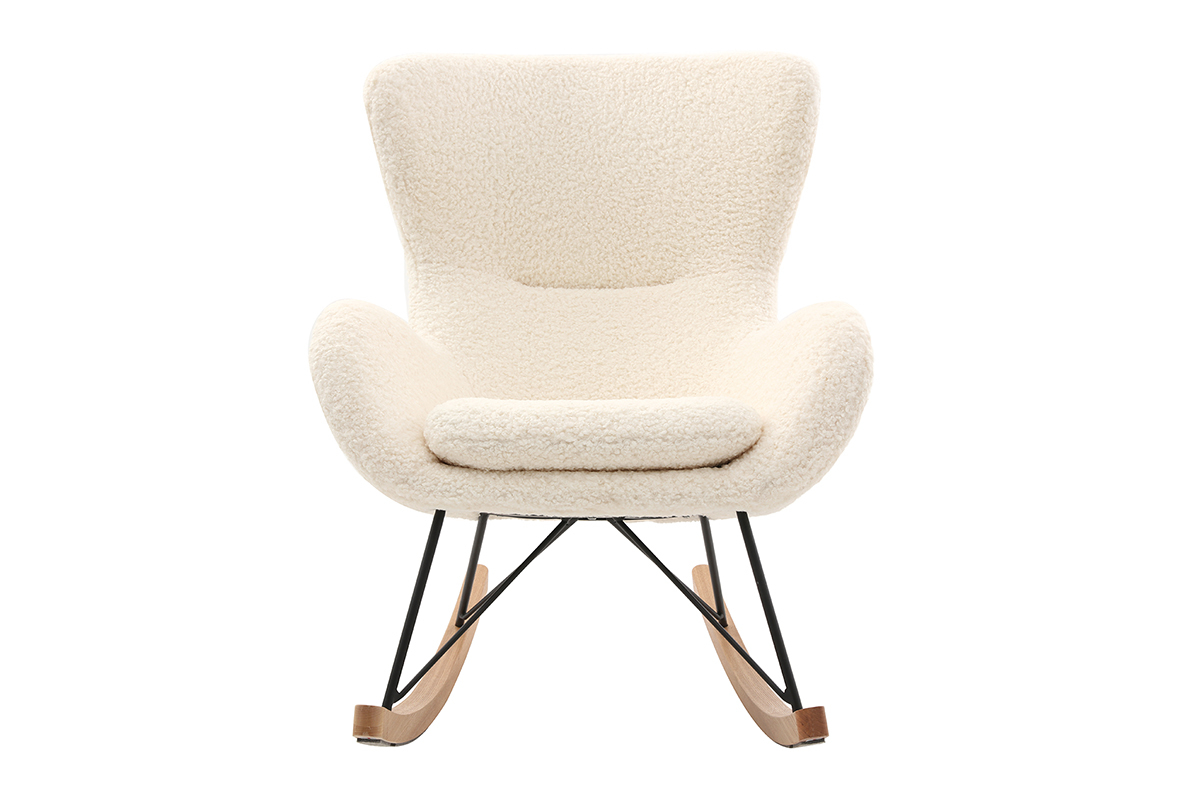 Rocking chair scandinave en tissu effet peau de mouton blanc, mtal noir et bois clair  ESKUA