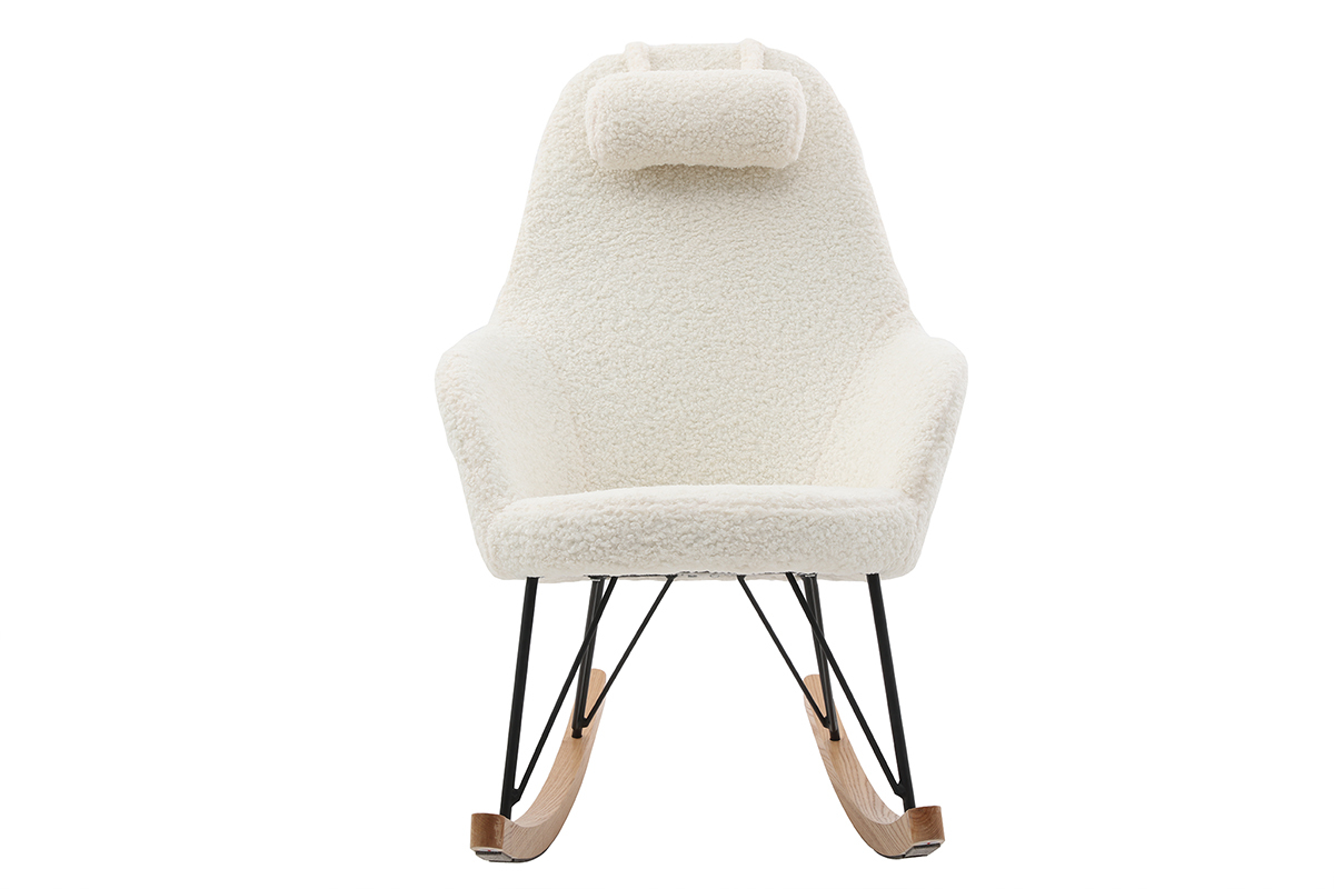 Rocking chair scandinave en tissu effet peau de mouton blanc, mtal noir et bois clair JHENE