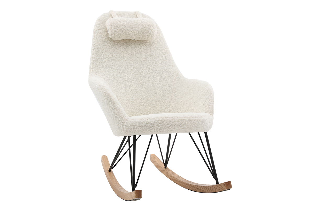 Rocking chair scandinave en tissu effet peau de mouton blanc, mtal noir et bois clair JHENE