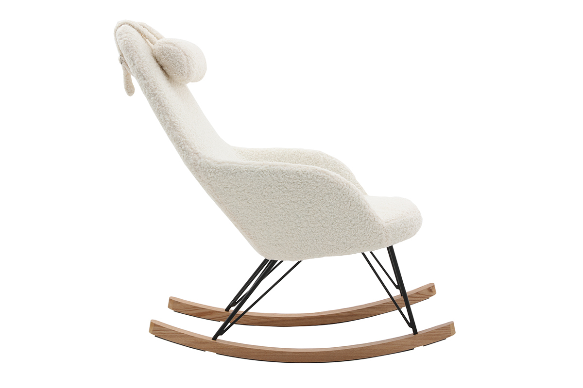 Rocking chair scandinave en tissu effet peau de mouton blanc, mtal noir et bois clair JHENE