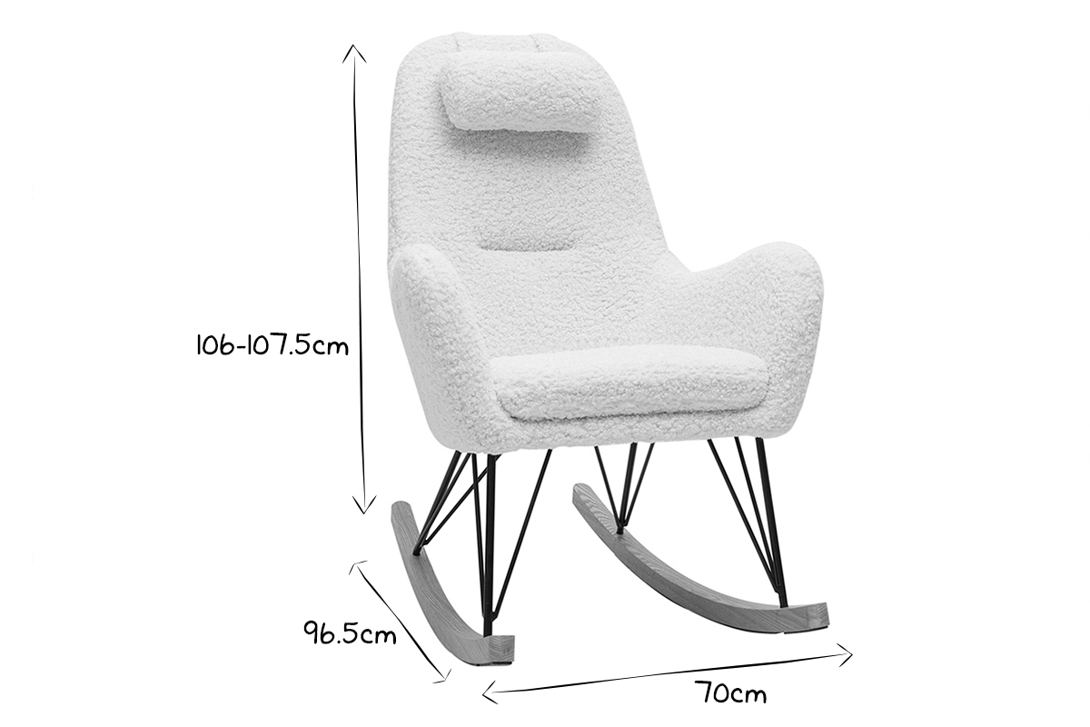 Rocking chair scandinave en tissu effet peau de mouton blanc, mtal noir et bois clair MANIA