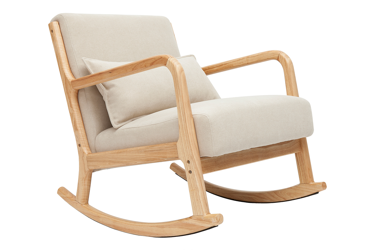 Rocking chair scandinave en tissu effet velours beige et bois clair massif DERRY