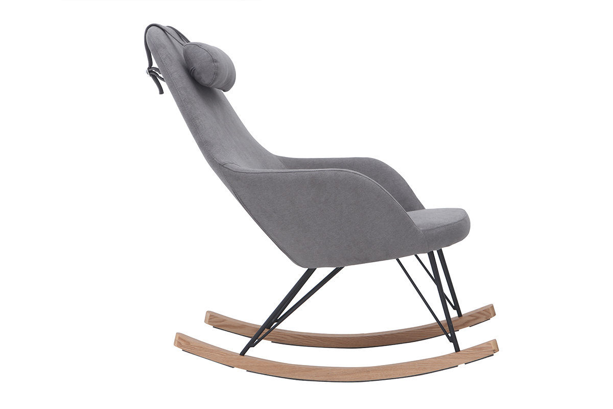 Rocking chair scandinave en tissu effet velours gris, mtal noir et bois clair JHENE