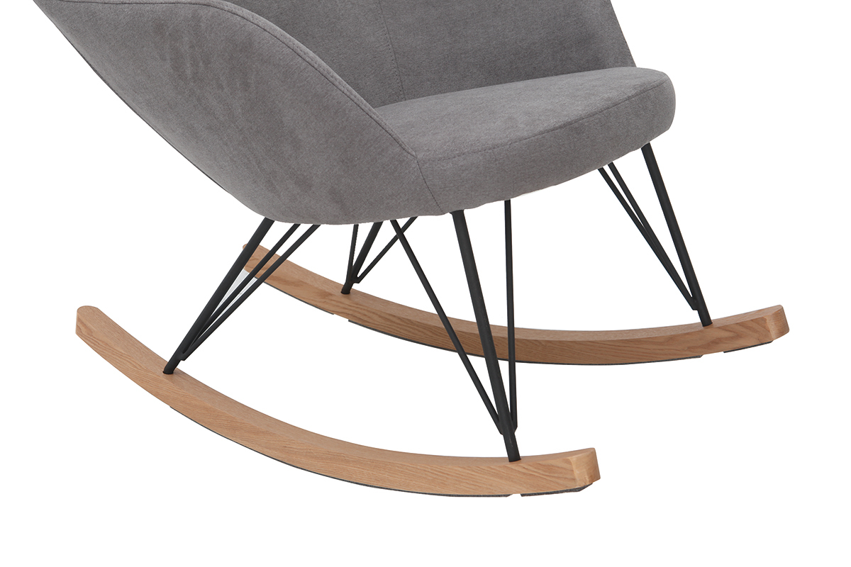 Rocking chair scandinave en tissu effet velours gris, mtal noir et bois clair JHENE