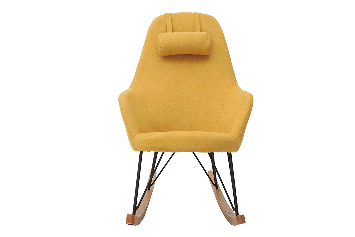 Rocking chair scandinave en tissu effet velours jaune moutarde, mtal noir et bois clair JHENE