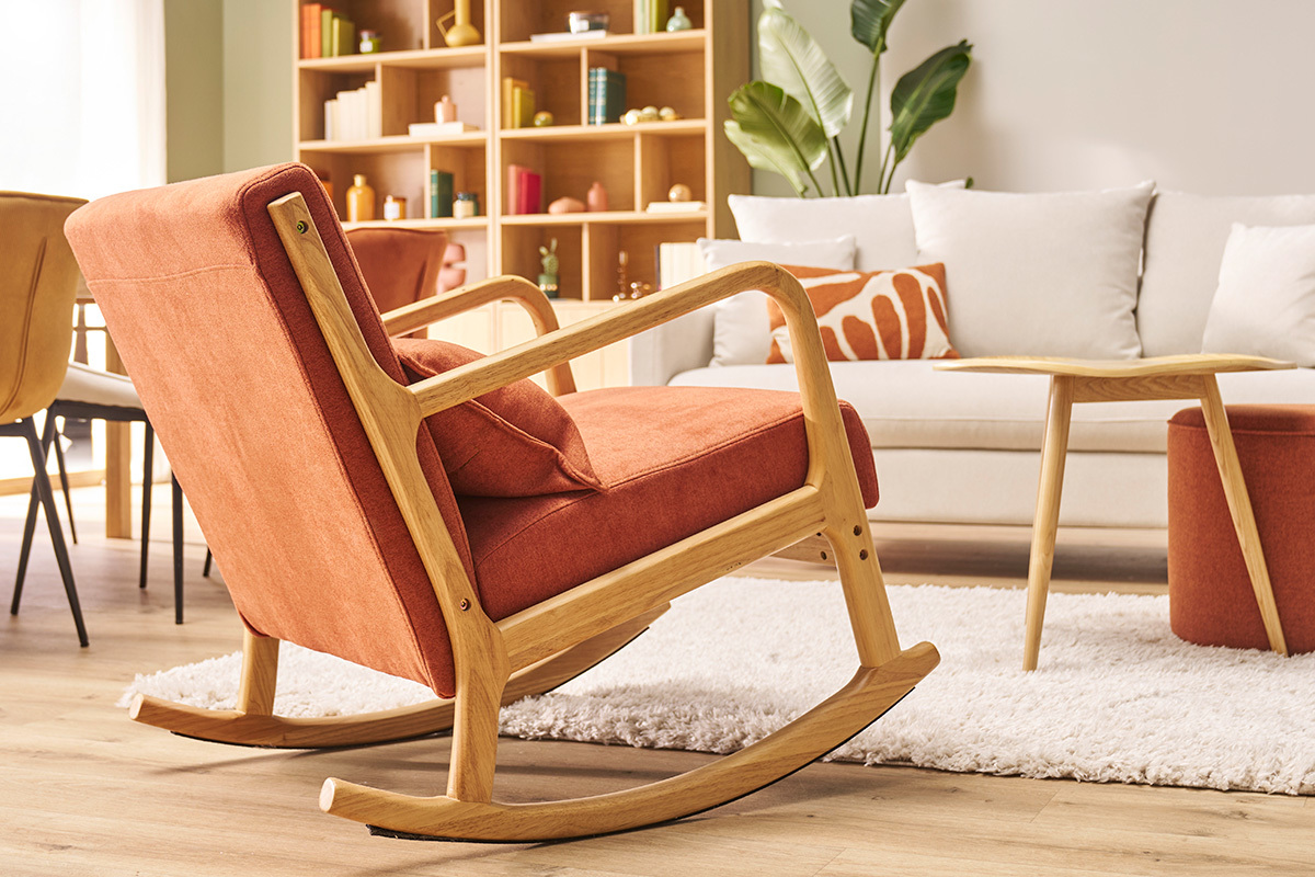 Rocking chair scandinave en tissu effet velours terre brle et bois clair massif DERRY