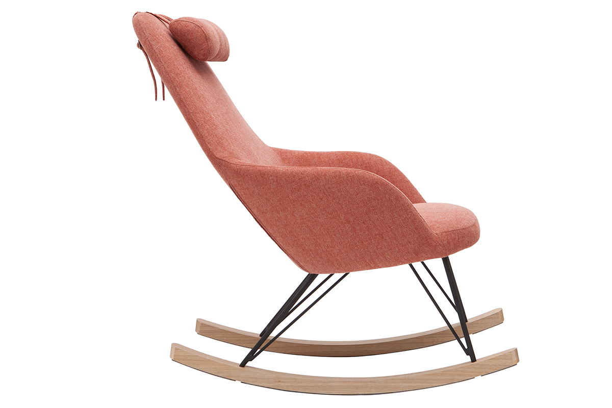 Rocking chair scandinave en tissu effet velours textur terracotta, mtal noir et bois clair JHENE