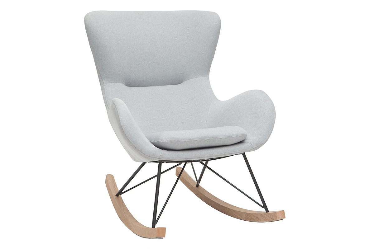 Rocking chair scandinave en tissu gris clair, mtal noir et bois clair ESKUA