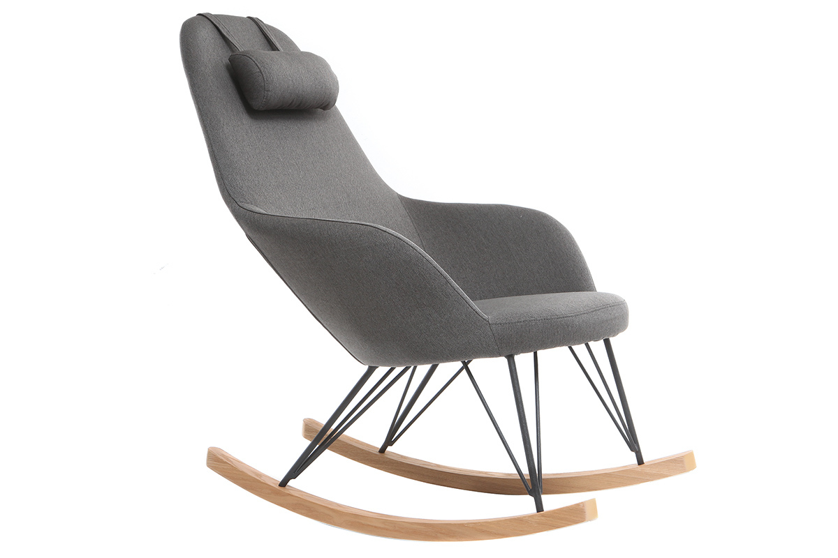 Rocking chair scandinave en tissu gris fonc, mtal noir et bois clair JHENE