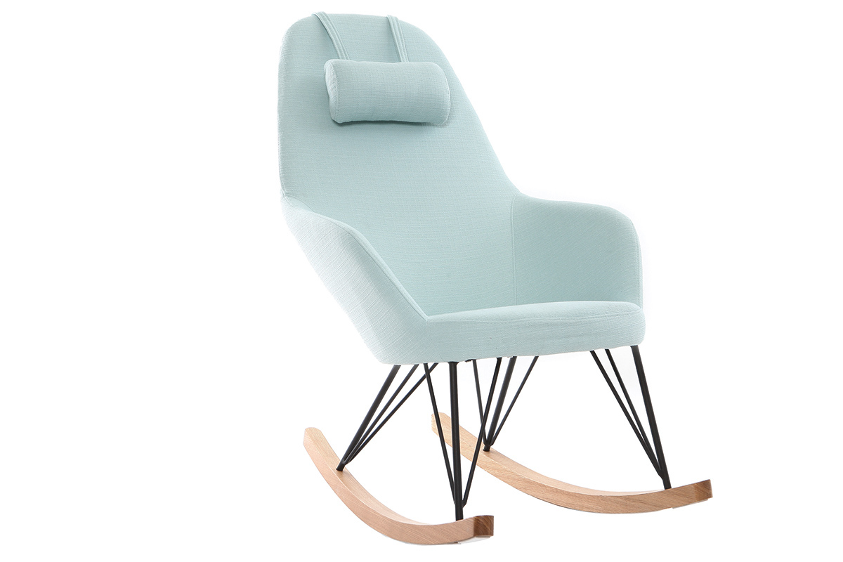 Rocking chair scandinave en tissu menthe  l'eau, mtal noir et bois clair JHENE