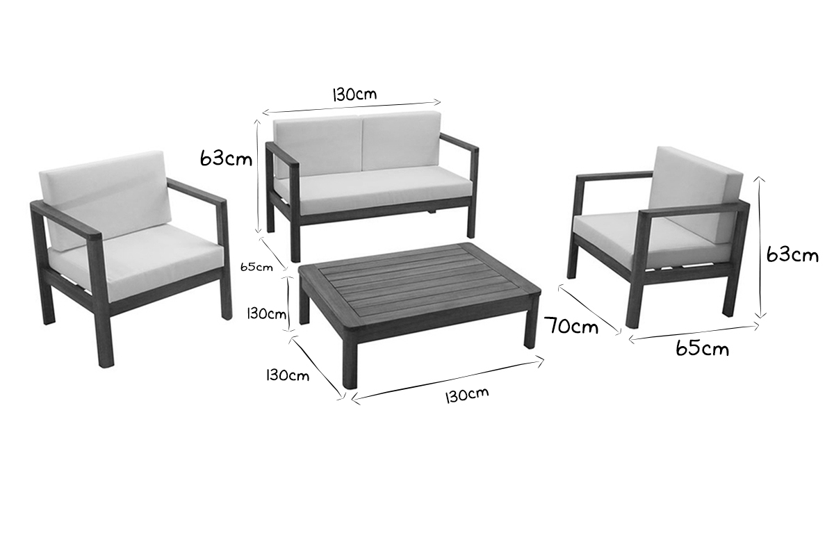 Salon de jardin 4 places en bois massif avec coussins dhoussables beige AKIS