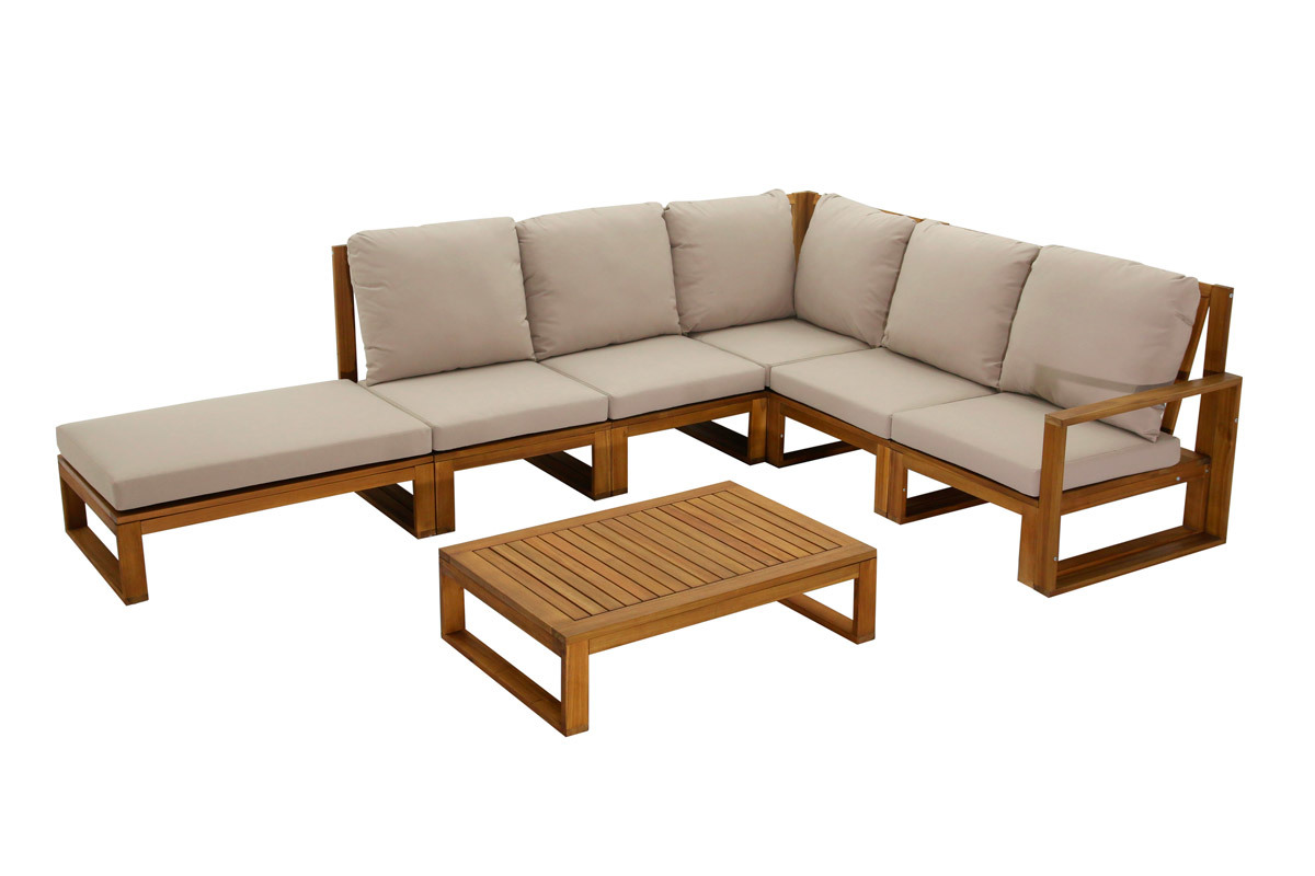 Salon de jardin d'angle 6-8 places en bois massif avec coussins dhoussables taupe SALSA