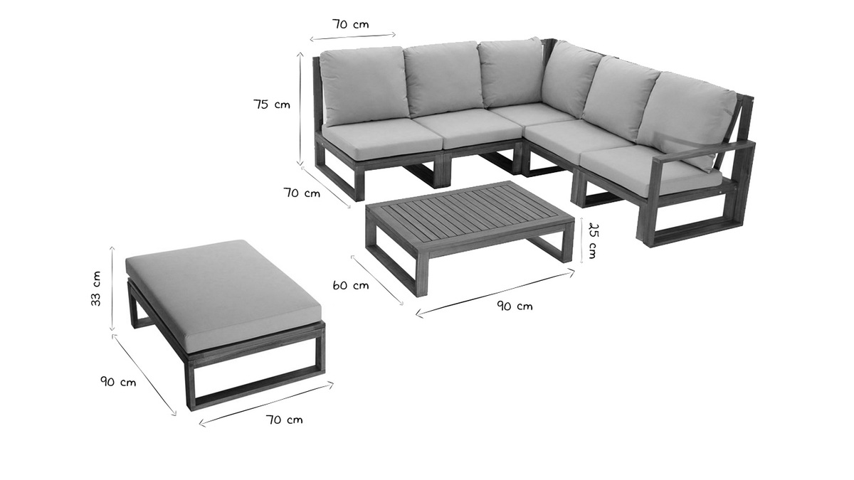 Salon de jardin d'angle 6-8 places en bois massif avec coussins dhoussables taupe SALSA