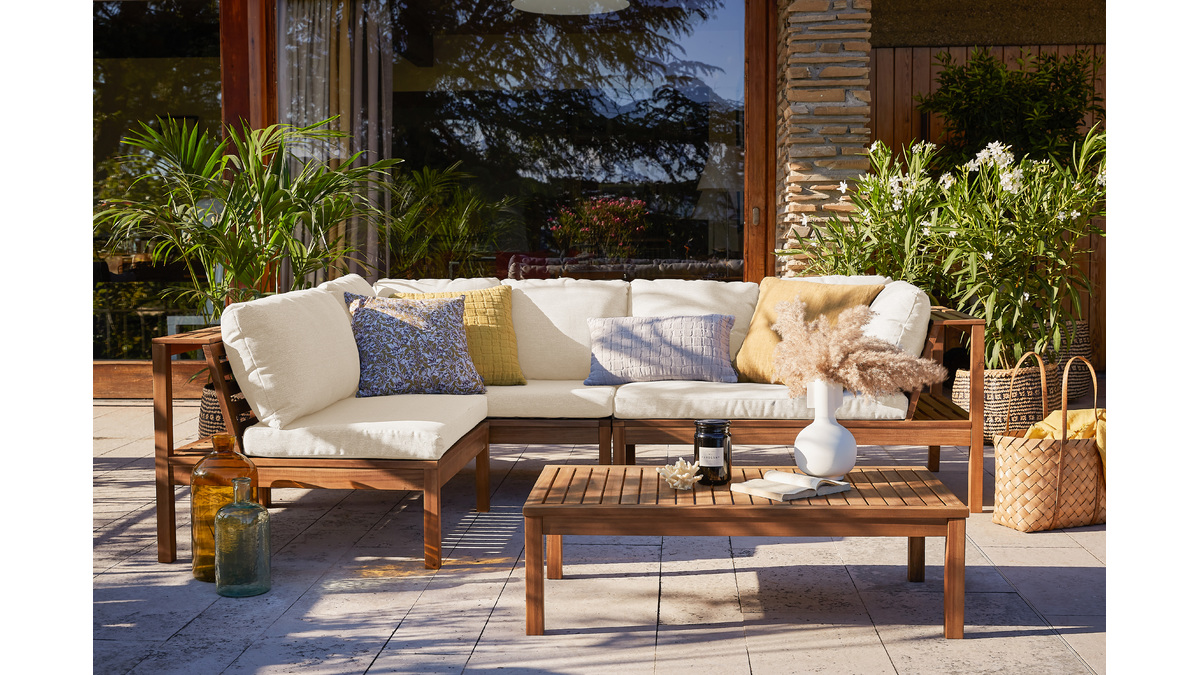 Salon de jardin d'angle 6 places en bois massif avec coussins dhoussables beige naturel BELIZE