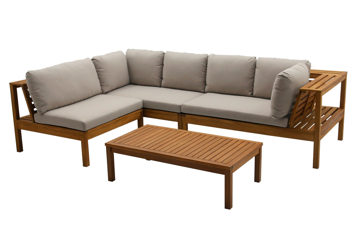 Salon de jardin d'angle 6 places en bois massif avec coussins dhoussables taupe BELIZE