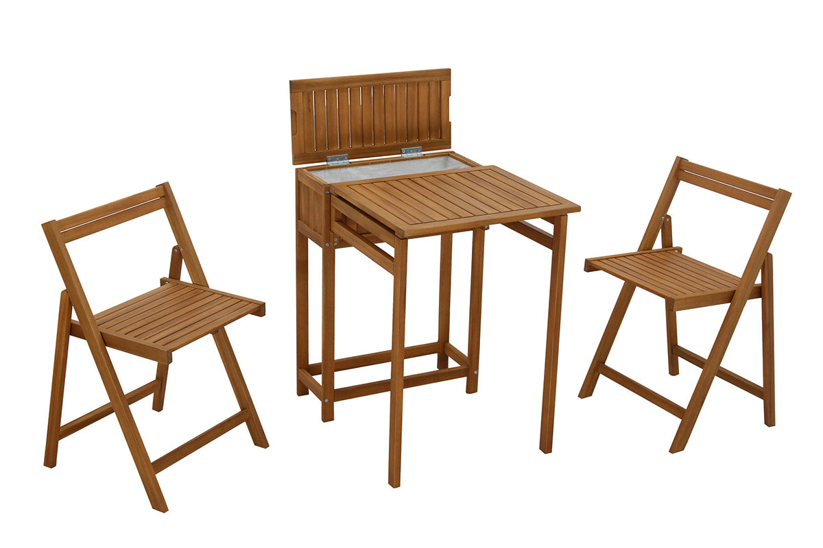 Set de 2 chaises pliantes et 1 table de balcon rabattable avec rangement en bois massif PRADO